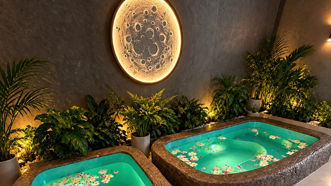 Two glowing onsen pools with frangipani flowers under a round moon lamp at LUNA LIFE Spa, Rawai