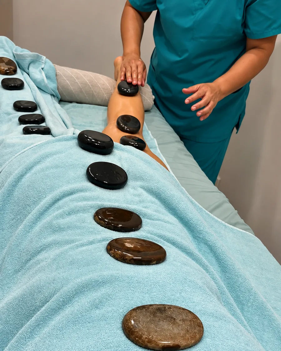 Hot stone massage on turquoise towels at LUNA LIFE Spa