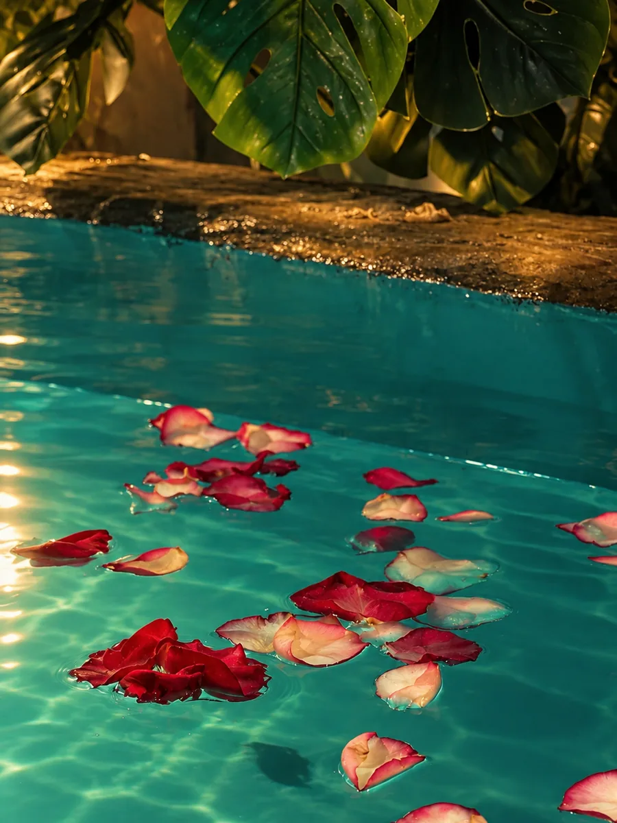 Rose petals floating on turquoise onsen water