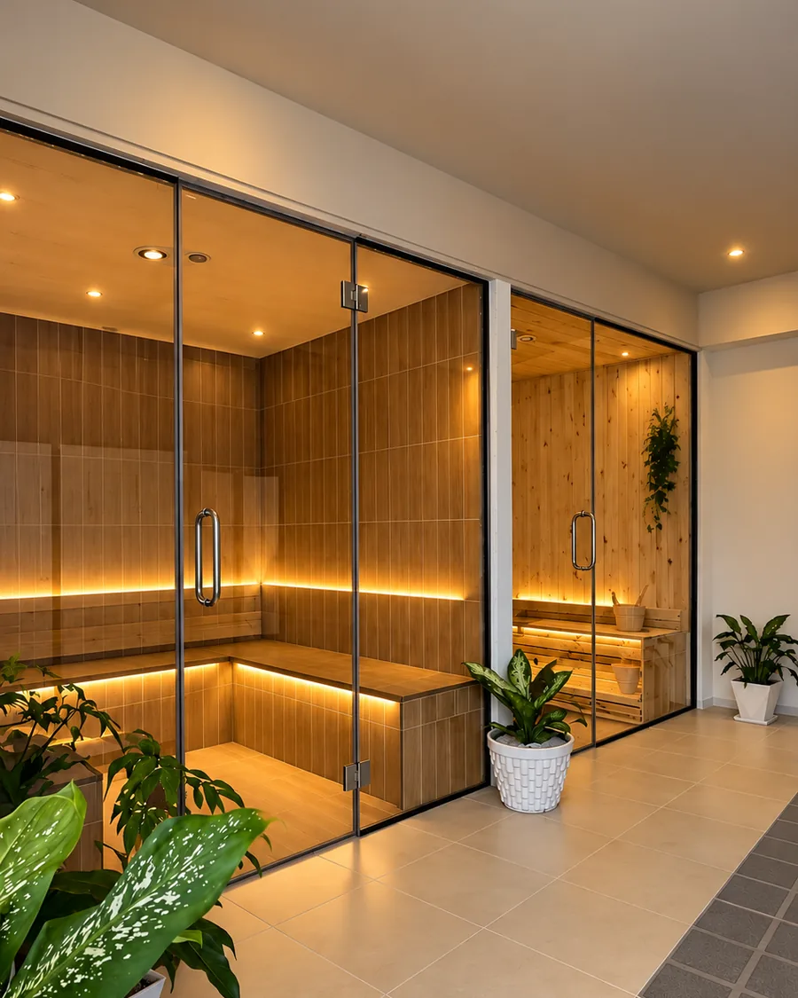 Glass sauna and steam rooms in warm wood light
